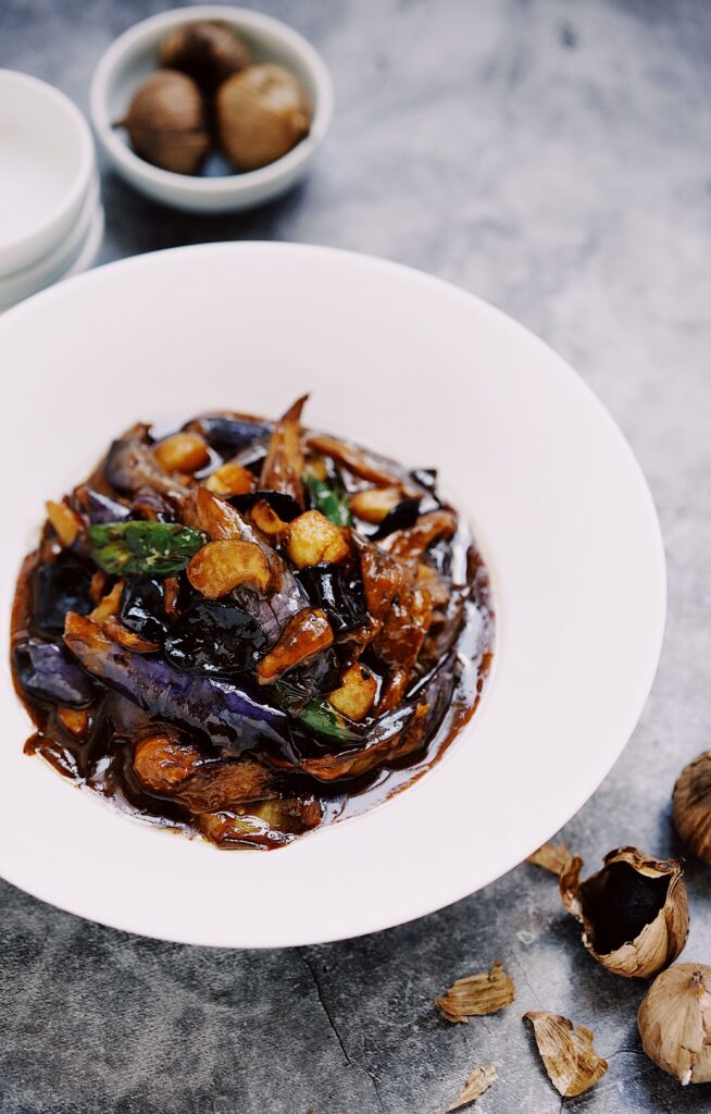 Fried Sliced Mushroom & Eggplant with Black Garlic