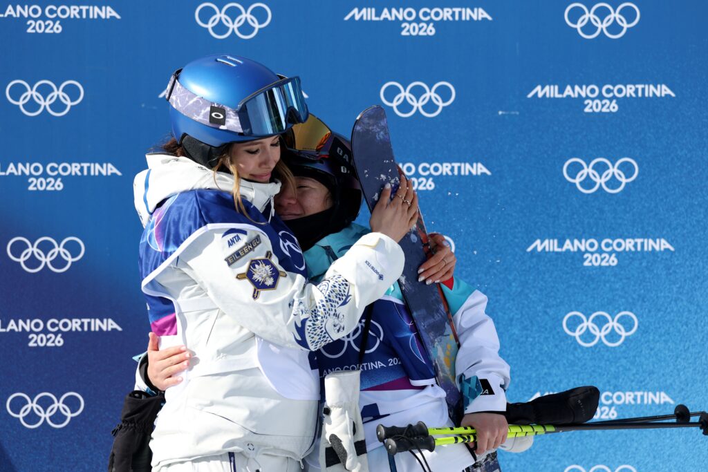 Eileen Gu (China) embraces teammate Li Fanghui Milano Cortina 2026 Winter Olympics